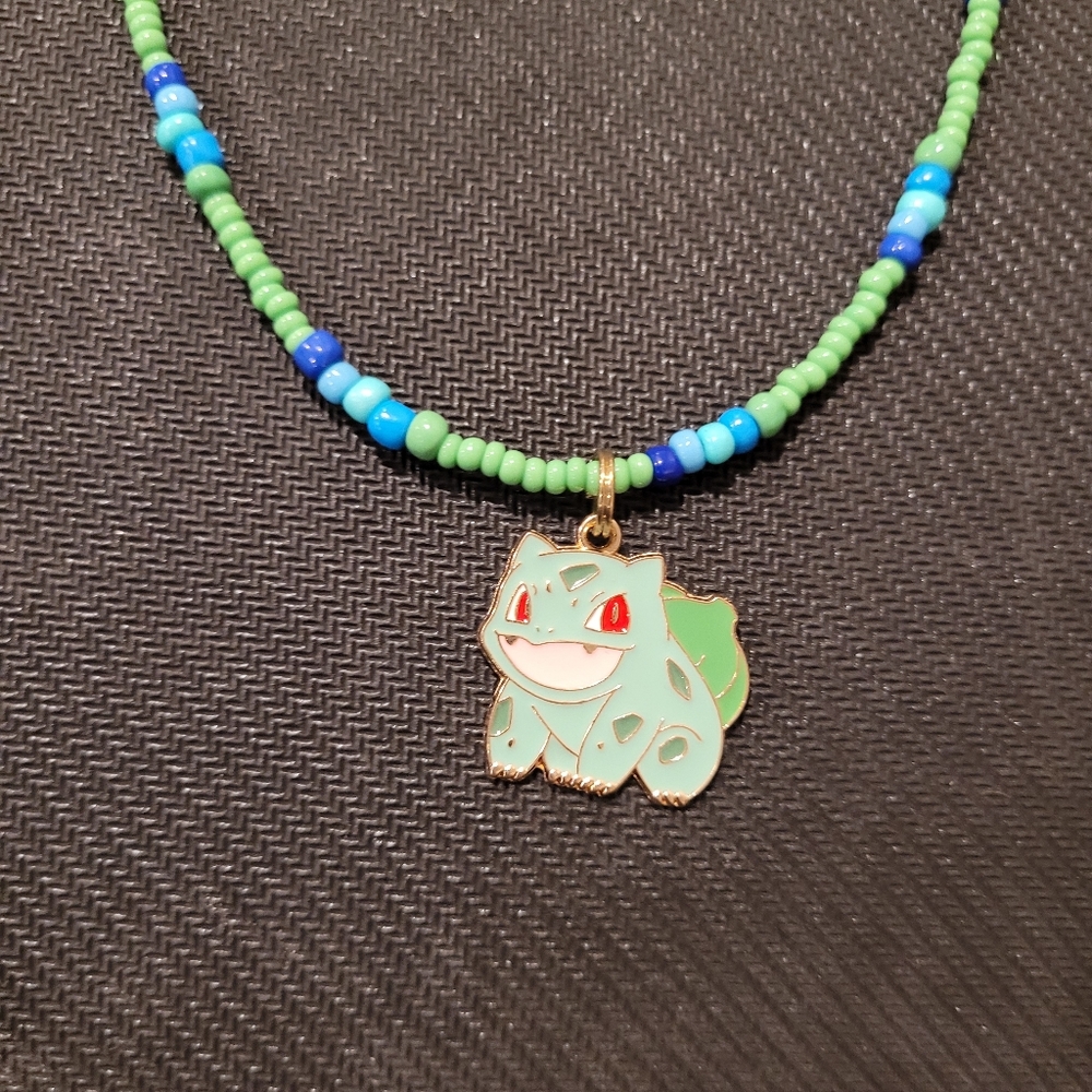 Green and Blue Beaded Necklace with Bulbasaur Pendant